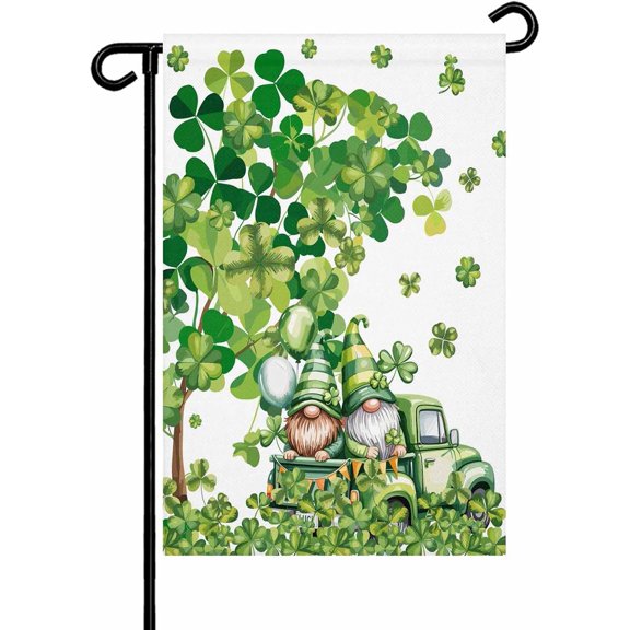St Patrick's Day Garden Flag 12x 18 Double Side, Lucky Shamrock Tree Gnomes Truck Leaf Green Garden Flags Outside House Flag Banner Welcome Yard Flag for Holiday Party Outdoor Decorations All Seasons