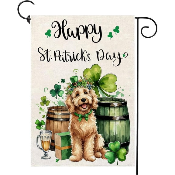 St. Patricks Day Garden Flag 12x18 Double Sided Burlap With Golden Doodle Dog and Shamrock Clover Design for Outdoor Yard Home Decor