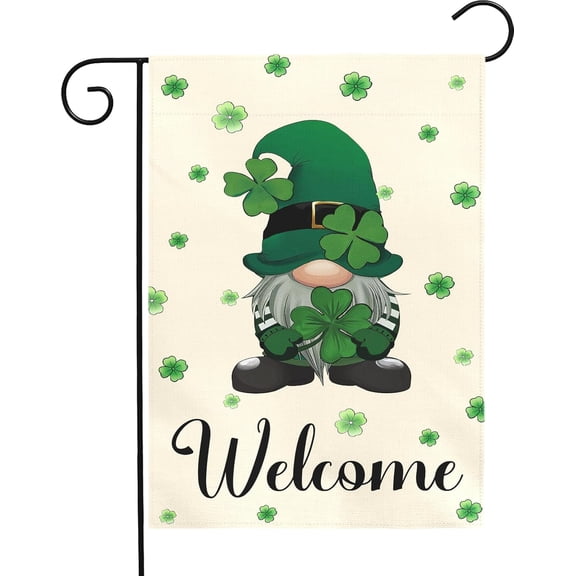 St Patrick’s Day Garden Flag 12x18 Inch Welcome Gnome with Shamrocks Double Sided Outdoor Yard Flags Irish Clover Decorations for Spring Porch Patio Lawn Farmhouse Seasonal Holiday Décor