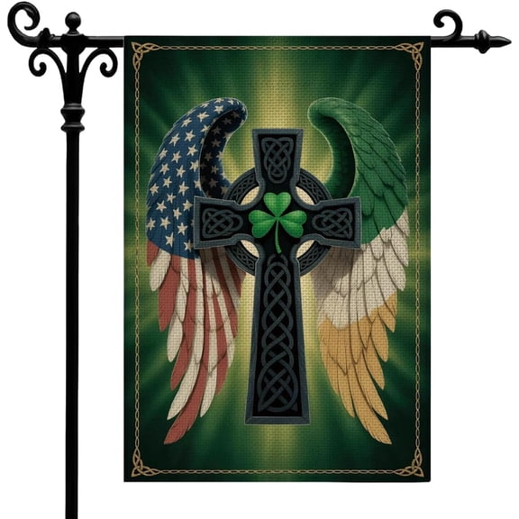 St. Patricks Day Garden Flag, American Flag with Celtic Cross & Shamrocks, Patriotic Irish Flag, 12x18 Inch Double-Sided Burlap Yard Decoration for Outdoor Holiday Decor