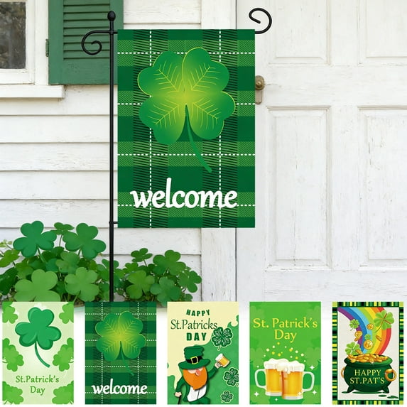 St. Patrick's Day Garden Flag Double Sided Green Four-leaf Clovers Welcome Flag for Courtyard Festival Party Outdoor Decoration 12.6x18.5inch