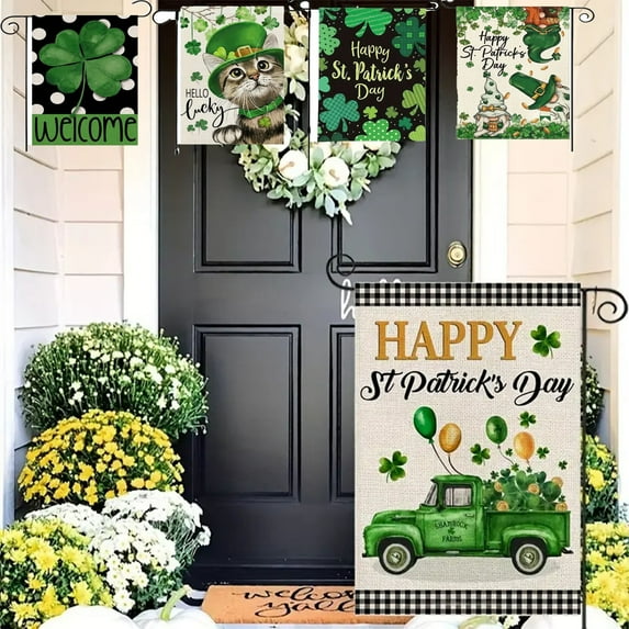 St. Patrick's Day Garden Flag Double Sided Green Four-leaf Clovers Welcome Flag for Courtyard Festival Party Outdoor Decoration 17.7x11.18inch
