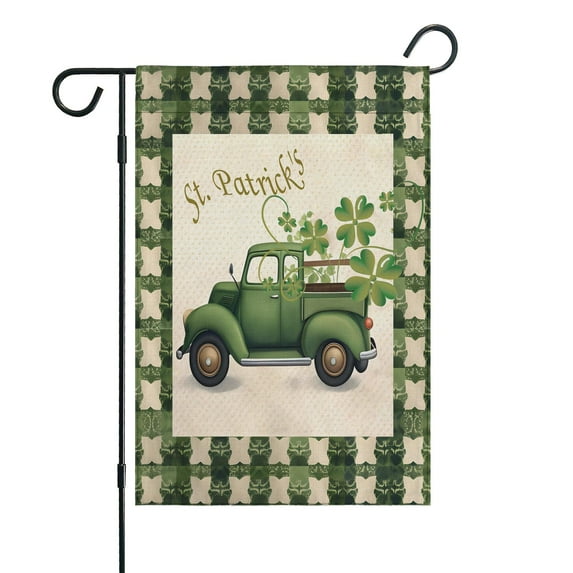 St. Patrick's Day Garden Flag Linen Outdoor Flag Green Truck Buffalo Plaid Shamrock Clover Yard Flags Double Sided House Flag for Home,indoor ,12.5''×18''in.