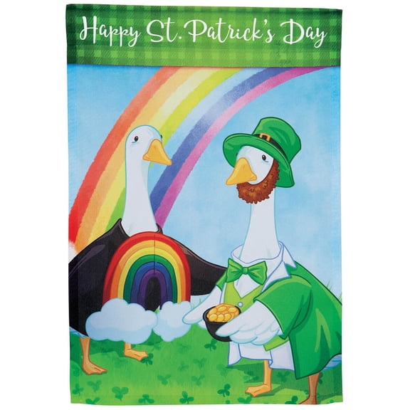 St. Patrick's Day Garden Flag - Lucky Geese with Pot of Gold and Rainbow - Festive Outdoor Decor - Durable and Weather-Resistant Polyester - Fits 1 1/2" Garden Pole