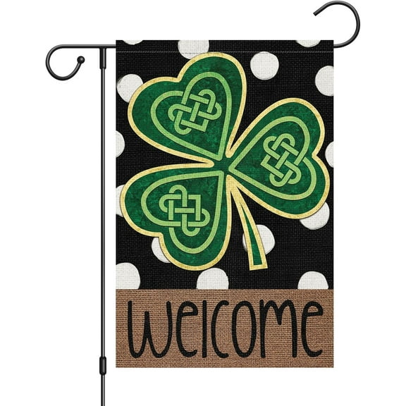 St Patrick''s Day Garden Flag Shamrock Welcome Double Sided 12x18 Inch Small Burlap Spring Holiday Yard Sign Outdoor Outside Home Decoration