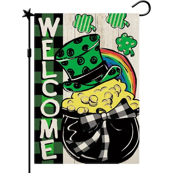 St.Patrick's Day Garden Flag, St Patrick's Day Welcome Gold Coin Pot Flag, Spring Summer Garden Flag Rustic Vertical Double Sided Rainbow Holiday Party Farmhouse Yard Home Outside Decor 12.5 x 18inch