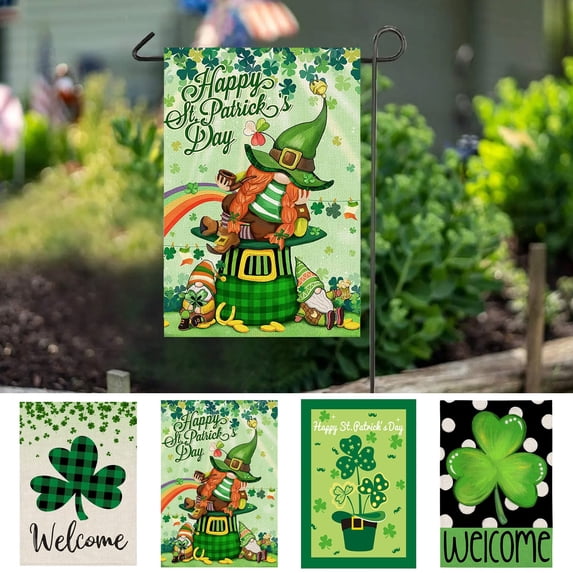 St. Patrick's Day Garden Flags,Shamrock Rustic Burlap Yard Sign Decorations,Double Sided Green Clovers Welcome Patio Holiday Flag Spring Banners for Outdoor Garden Decor 17.7x11.8inch
