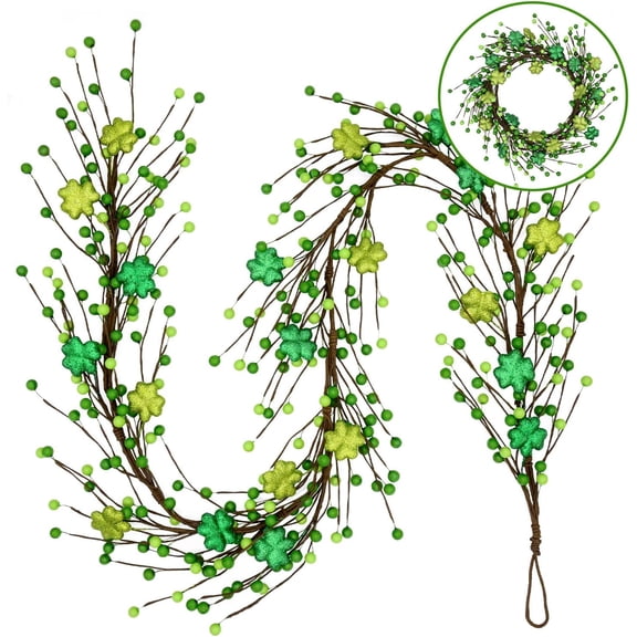 St. Patrick's Day Garland Decorations - 5Ft Shamrock Rag Garland with Green Berry Picks, Perfect St. Patrick's Day Decor and Party Supplies