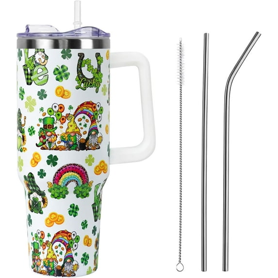 St. Patrick''s Day Gift 40 oz Tumbler with Handle & Straw Lid - Vacuum Insulated Stainless Steel Coffee Cup, Leak Proof Travel Mug - Spring Gift for Women/Men (Shamrock, Gnome, Sunflowers Design)