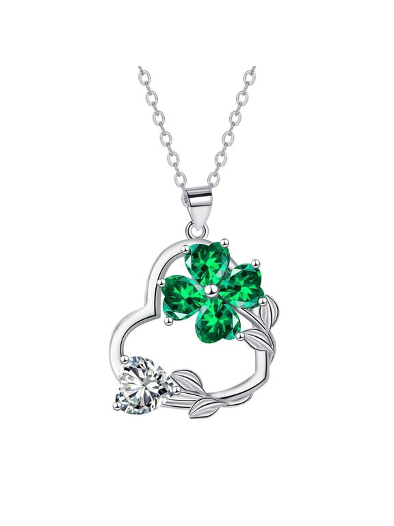 St.Patrick's Day Gift for Women, White Gold Plated Heart Four Leaf Clover Pendant Necklace Irish Four Leaf Clover