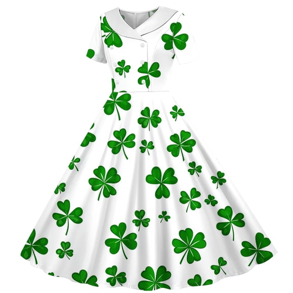 St. Patrick’s Day Girls Dress - White Shamrock Print Fit and Flare, Soft Stretch Festive Outfit for Girls 5-14,Size 13-14 T