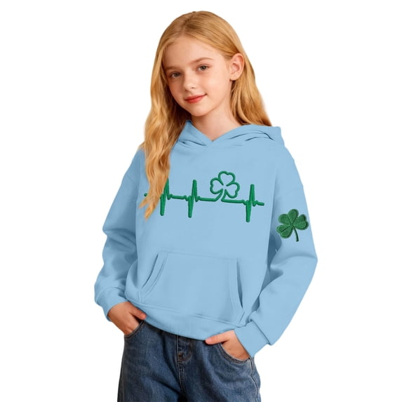 St. Patrick's Day Girls Hooded Sweatshirt With Print And Pocket Cozy Pullover Casual Kids Top Irish Green Pullover Hoodie 3-14Y