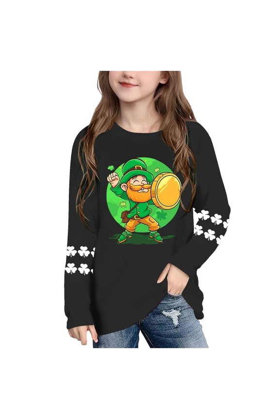 St. Patrick's Day Girls Long Sleeve Graphic Tee Tunic Leprechaun Shamrock Black Kids Sizes 110-170,Size 3 T
