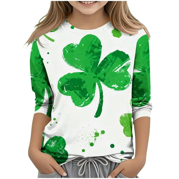 St. Patrick's Day Girls Shirts Spring Fashion Graphic 3/4 Sleeve Crewneck Basic Tees Size 3-14