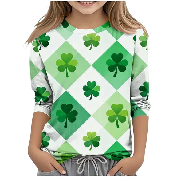 St. Patrick's Day Girls T Shirts Spring Fashion Graphic Crewneck 3/4 Sleeve Basic Tees Size 3-14