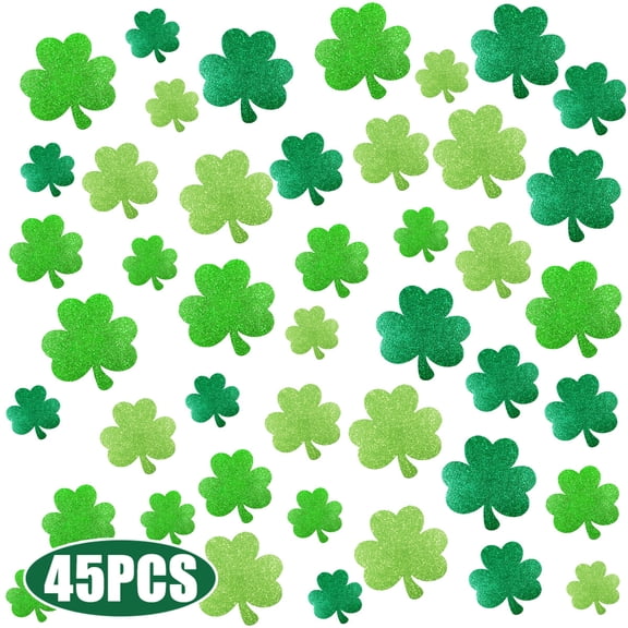St. Patrick's Day Glitter Shamrock Cutouts with Glue Points for St. Patrick's Day Bulletin Board Decor Parry Craft wall Decoration 45 Pcs