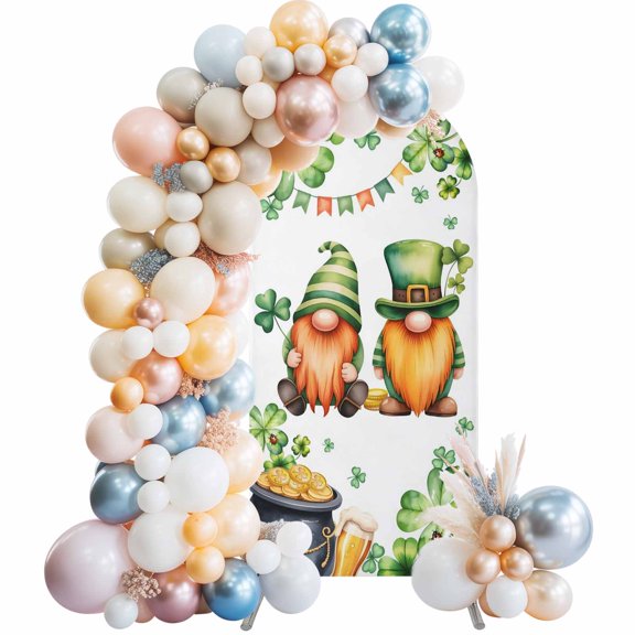St Patrick's Day Gnome Clovers Arch Backdrop Cover Spandex Fitted Arch Cover 6FT,Arches Backdrop Stand Covers for Wedding Birthday Party Ceremony Banquet Decoration Green Leaves Gold Coin