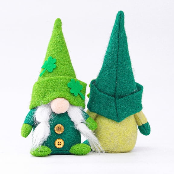 St. Patrick's Day Gnome Decor Set - Irish Leprechaun Couple Dolls, Green Knit Plush Figurines, Standing Tabletop Ornaments for Home, Mantel, Party Display