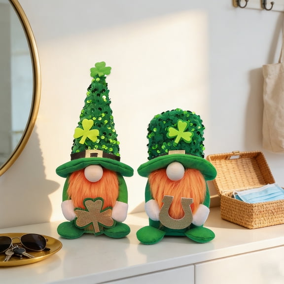 St. Patrick’s Day Gnome Decorative Figurines, Shamrock Leprechaun Gnome Dolls, Farmhouse Holiday Home Decor Accents