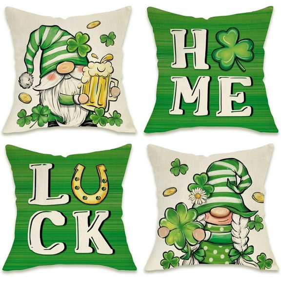 St. Patrick''s Day Gnome Decorative Throw Pillow Covers 18 x 18 Set of 4, Luck Home Shamrock Clover Outdoor Pillowcase, Gold Coins Horseshoe Irish Holiday Cushion Case Home Decor