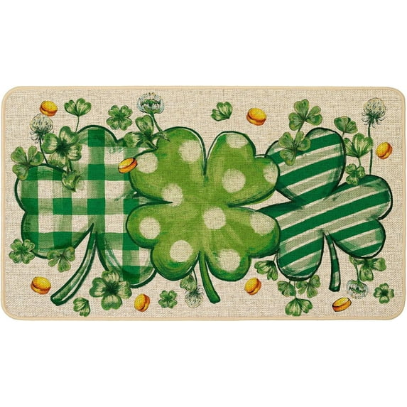 St. Patrick''s Day Gnome Doormat Rug 17x29 inch, St Patricks Shamrock Check Plaid Decorative Front Door Mat Indoor Outdoor Non Slip Rubber Backing Seasonal Entryway Kitchen Floor Decoration