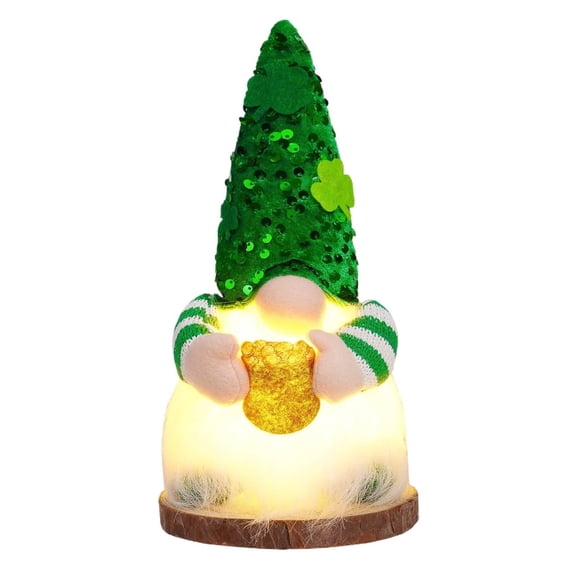 St. Patrick's Day Gnome Figurine, LED Light Up Leprechaun Decor for Desk, Shelf, Home, Irish Party Ornament