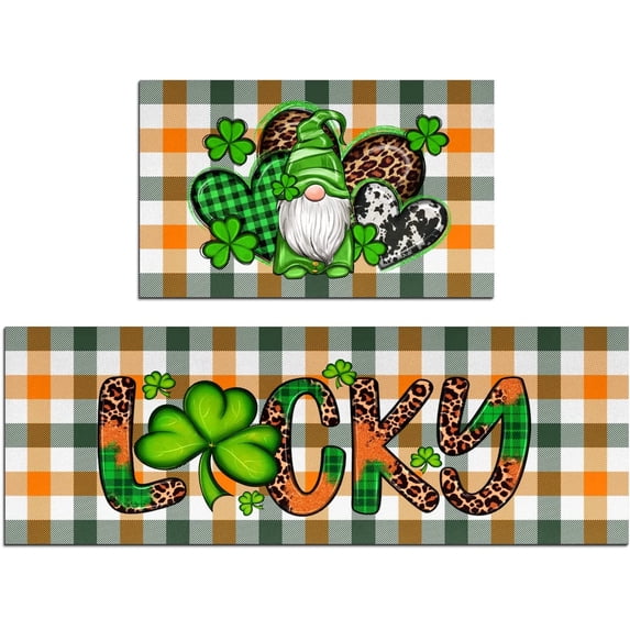 St. Patrick''s Day Gnome Kitchen Mat Set of 2 Non Slip Thick Kitchen Rugs and Mats for Floor Comfort Standing Mats for Kitchen, Sink, Office, 17"x47"+17"x28"
