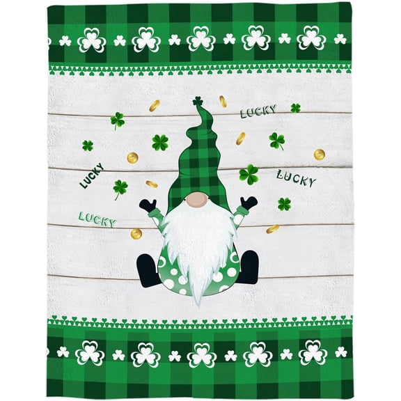 St. Patrick''s Day Gnomes Clover Throw Blankets, Irish Green Buffalo Check Plaid Clover Soft Fleece Blanket Decorative for Home Sofa Couch Chair Living Bedroom,40x50 inches, Spring Holiday