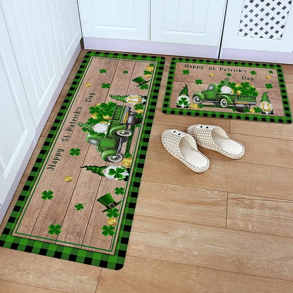 St. Patrick's Day Gnomes Kitchen Rugs Set 2 Pieces Non-Slip Green Kitchen Floor Rug and Mat Cushioned Kitchen Runner Rug for Indoor Holiday Decor 16"x24"+16"x43"