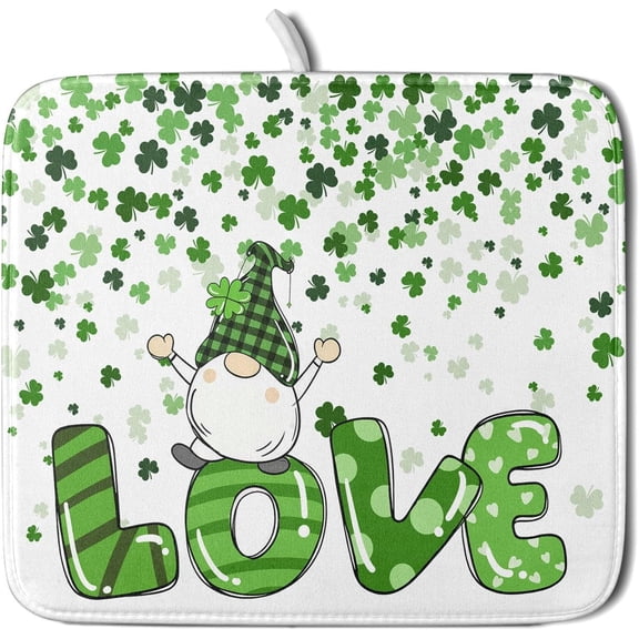 St Patrick''s Day Gnomes Love Dish Drying Mat for Kitchen Counter,Green Shamrock Clovers Drying Mat 16 x 18 Inch with High Absorbent Microfiber Drainer Mat for Coffee Bar
