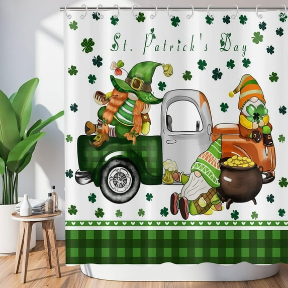 St. Patrick''s Day Gnomes Shower Curtain, Happy St. Patrick''s Day Cute Gnomes Irish Green Truck Fabric Bathroom Curtain Home Decor Waterproof Machine Washable with 12 Hooks 72''''Lx72''''W