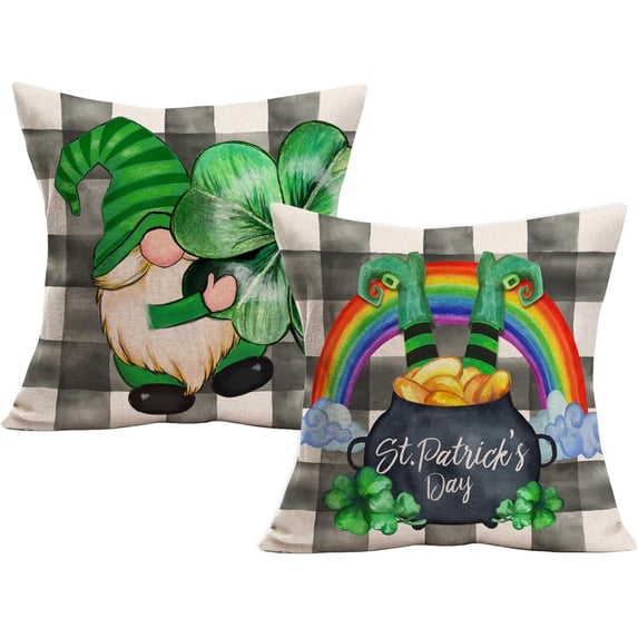 St Patrick’s Day Gnomes Throw Pillow Covers 16x16 Inch Buffalo Plaid Farmhouse St Patrick Decor Pillows Lucky Four Leaf Clover Rainbow Patterned Holiday Cushion Cases for Sofa Couch|Set of 2