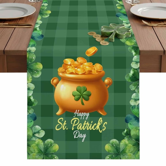 St Patrick's Day Gold Coin Clovers Table Runner-36 Inch Long Green Leaves Buffalo Plaid Table Runners Linen Burlap Tablerunner for Kitchen Dining Room Holiday Party