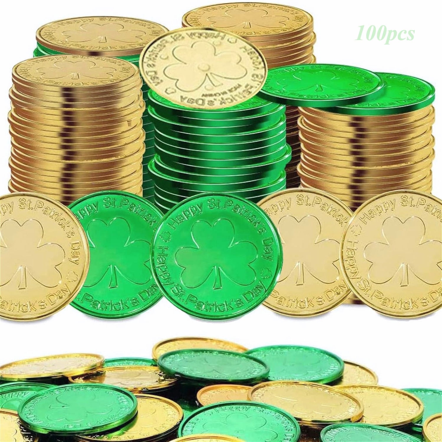 St. Patrick's Day Gold Coins 100 pcs Gold+Green Lucky Coins Plastic ...