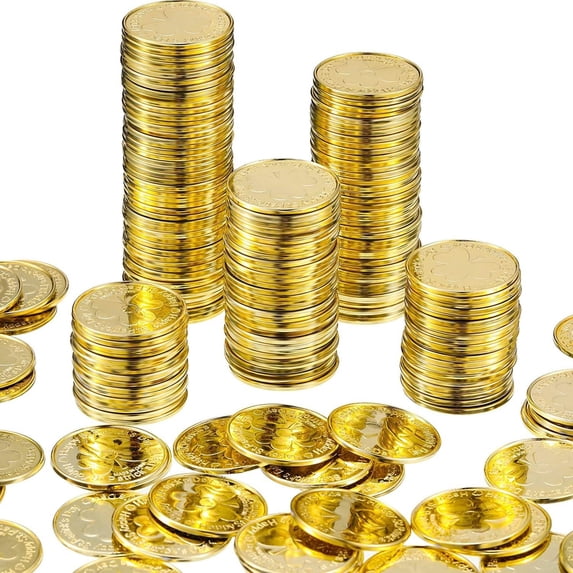 St.Patrick's Day Gold Green Coins,50PC St.Patrick's Day Shamrock Coins,Shamrock Leprechaun Plastic Coins for Saint Patricks Pot of Gold Party Decorations Props Supplies