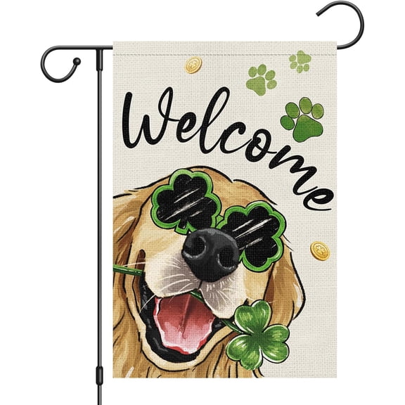 St. Patrick''s Day Golden Retriever Dog Garden Flag 12x18 Double Sided Burlap, Lucky Shamrock Clover Yard Flag for St. Patrick''s Day Spring Holiday Farmhouse Yard Outdoor Decor