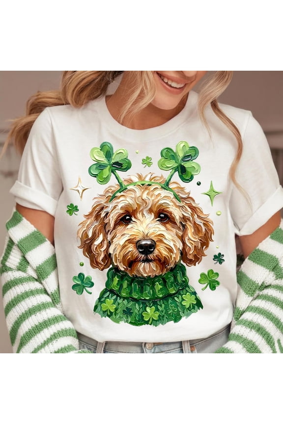 St Patrick’s Day Goldendoodle Dog, Shamrock Clover Doodle Illustration, Lucky Irish Dog Graphic for Apparel and Crafts, Unisex Cotton T-Shirt, Size S-5XL