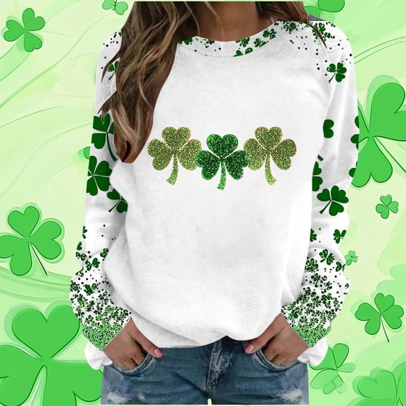 St. Patrick's Day Graphic Pullover for Women Glitter Four Leaf Clover Print Crewneck Long Sleeve Loose Fit Festive Holiday Celebration Sweatshirt
