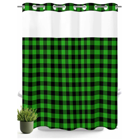 St. Patrick's Day Green and Black Plaid No Hooks Shower Curtain with Snap in Fabric Liner Set, Buffalo Checker Shower Curtains Waterproof Bathroom Curtain with See Through Top Window, 72x72 Inch