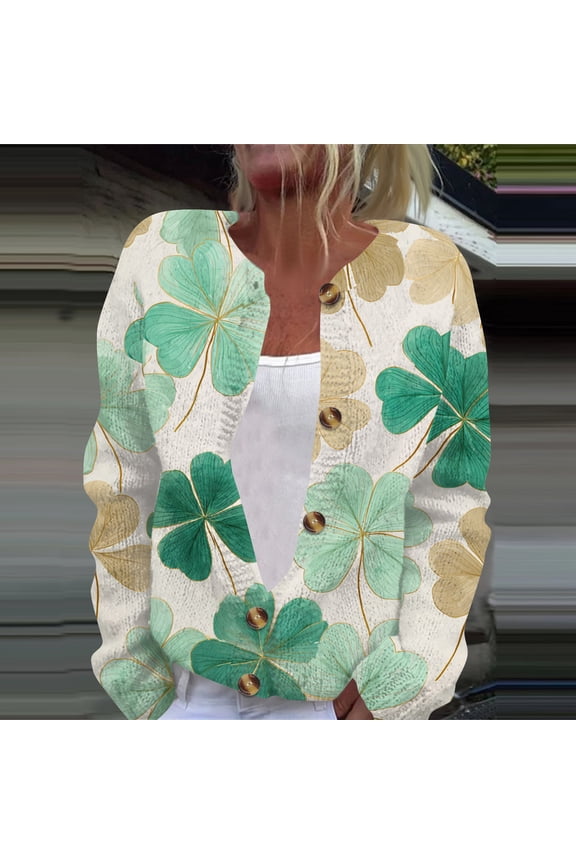St. Patrick's Day Green Cardigan for Women Lucky Shamrock Pattern Sweaters Y2k Button Down Long Sleeve Knit Cardigans Open Front Sweaters Coat