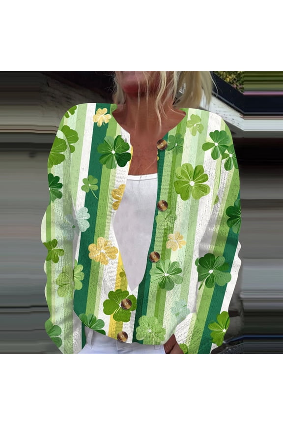 St. Patrick's Day Green Cardigan for Women Oversized Cardigan Funny Shamrock Print Cardigans St. Patrick's Day Y2k Open Front Knitted Shirt Top