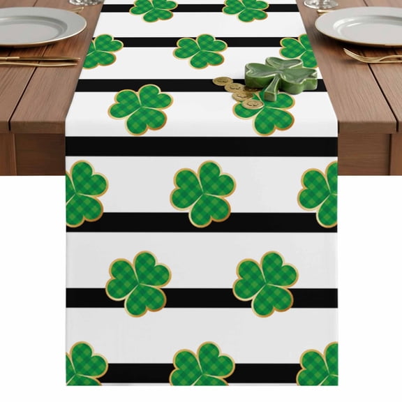 St. Patrick's Day Green Clover Shamrock Leaf Black Stripe Table Runner 13 x 36 Inch, Washable Cotton Linen Dining Table Runner Tabletop Decorations for Restaurant Home Kitchen Party