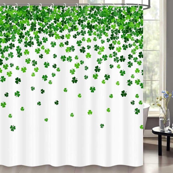 St. Patrick's Day Green Clover Shower Curtain - 72 x 72 Inches Shamrock Leaf Decor Irish White Bathroom Set with Hooks