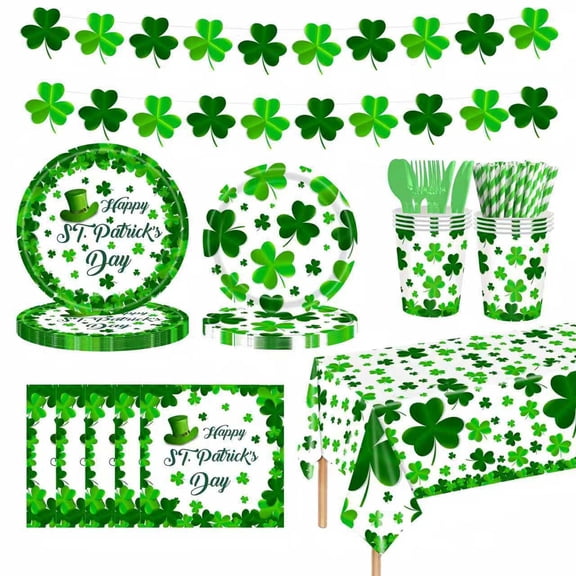 St. Patrick’s Day Green Clovers Disposable Tableware Set – 20PCS Paper Plates, Cups & Napkins for Irish Holiday Party, Birthday, Wedding, Picnic, Indoor & Outdoor Celebration