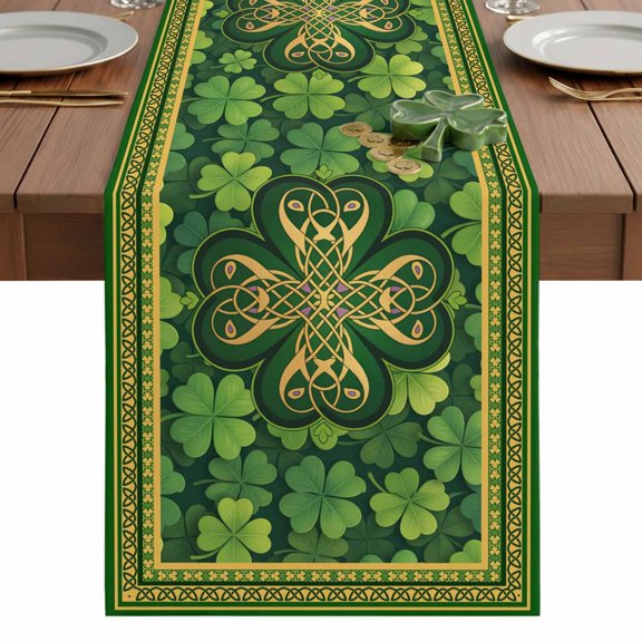 St. Patrick's Day Green Clovers Leaf Table Runner-36 Inch Long Lucky Leaves Gold Stripe Table Runners Linen Burlap Tablerunner for Kitchen Dining Room Holiday Party
