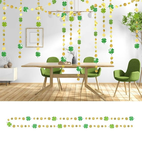 St. Patrick's Day Green Four-Leaf Clover Garland, 52ft Long, 3.14in Wide, Glitter Shamrock Decorations with Gold Tassels, Hanging Ribbon for Irish Parties, Spring Events, Home Decor, Easy to Use