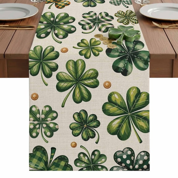 St. Patrick's Day Green Four Leaves Table Runner-48 Inch Long Retro Dot Luck Leaf Table Runners Linen Burlap Tablerunner for Kitchen Dining Room Holiday Party