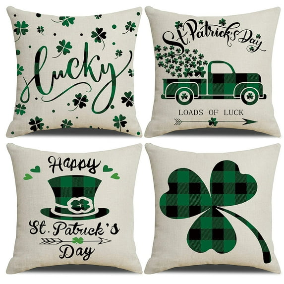 St. Patrick’s Day Green Pillow Covers Set of 4 Decorative - 18 x 18 inches Buffalo Check Clover Lucky Shamrock Modern Pattern Linen Pillow