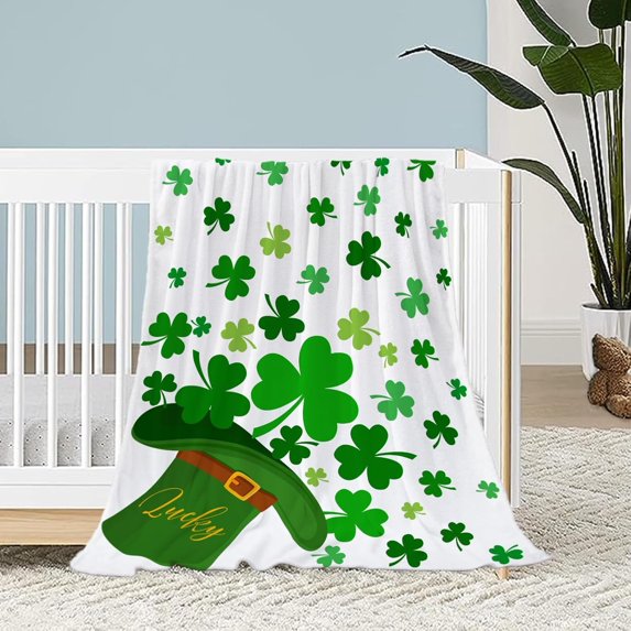 St. Patrick''s Day Green Plaid Lucky Shamrocks Irish Blanket - Soft Fuzzy Fleece for Couch, Sofa, Bed - Gift 50x60