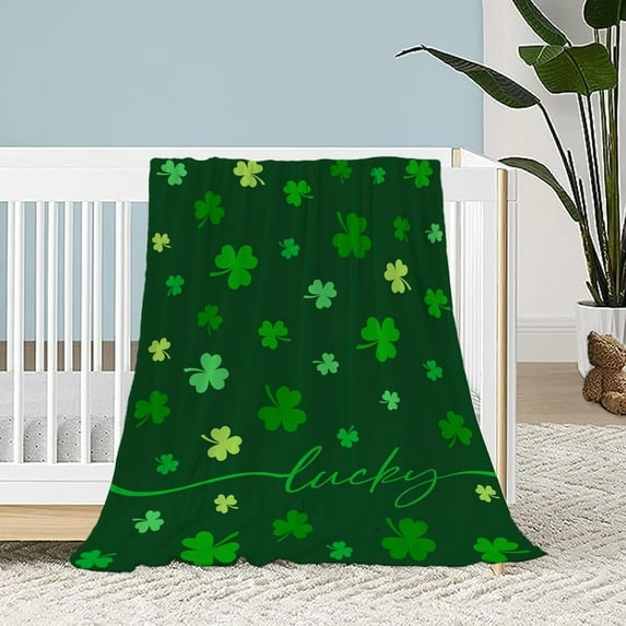 St. Patrick''s Day Green Plaid Lucky Shamrocks Irish Blanket - Soft Fuzzy Fleece for Couch, Sofa, Bed - Gift 50x60